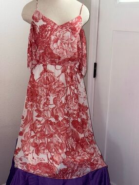 LOFT Red Floral Maxi Dress with Purple Trim